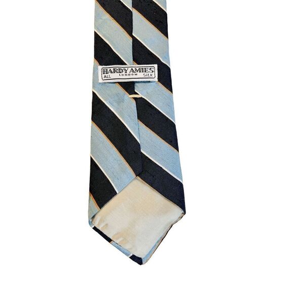 Vintage 80s Hardy Aimes London All Silk Blue Stripe Tie Retro Classic - Picture 3 of 7